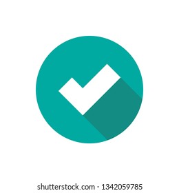 Check Mark. Valid Seal icon. white squared tick with shadow in blue circle. Flat OK sticker icon. Isolated on white. Accept button. Good for web and software interfaces. Vector illustration.