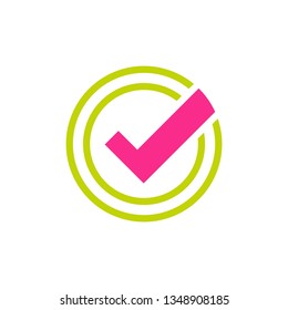 Check Mark. Valid Seal icon. Pink squared tick in green circle. Flat OK sticker icon. Isolated on white. Accept button. Good for web and software interfaces. Vector illustration.