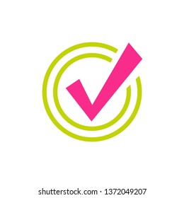 Check Mark. Valid Seal icon. Pink squared tick in green circle. Flat OK sticker icon. Isolated on white. Accept button. Good for web and software interfaces. Vector illustration.