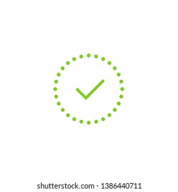 Check Mark. Valid Seal icon. Green thin tick in circle made of dots. Flat OK sticker icon. Isolated on white. Accept button. Good for web and software interfaces. Vector illustration.