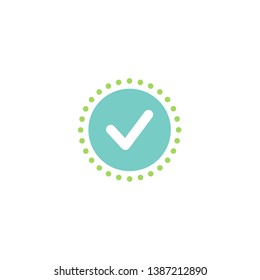 Check Mark. Valid Seal icon. White tick in circle made of dots. Flat OK sticker icon. Isolated on white. Accept button. Good for web and software interfaces. Vector illustration.
