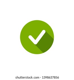 Check Mark. Valid Seal icon. white rounded tick with shadow in green circle. Flat OK sticker icon. Isolated on white. Accept button. Good for web and software interfaces. Vector illustration.