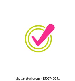 Check Mark. Valid Seal icon. Pink squared tick in green circle. Flat OK sticker icon. Isolated on white. Accept button. Good for web and software interfaces. Vector illustration.