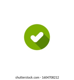 Check Mark. Valid Seal icon. white rounded tick with shadow in green circle. Flat OK sticker icon. Isolated on white. Accept button. Good for web and software interfaces. Vector illustration.