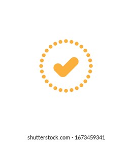 Check Mark. Valid Seal icon. Yellow rounded tick in circle made of dots. Flat OK sticker icon. Isolated on white. Accept button. Good for web and software interfaces. Vector illustration.