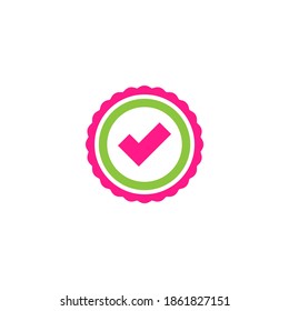 Check Mark. Valid Seal icon. Pink squared tick in green circle. Flat OK sticker icon. Isolated on white. Accept button. Good for web and software interfaces. Vector illustration.