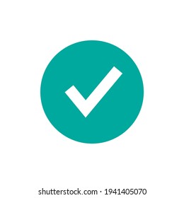 Marcar. Icono de sello válido. garrapata cuadrada blanca en círculo azul. Icono de pegatina de OK plano. Aislado en blanco. Botón Aceptar. Ideal para interfaces web y software. Ilustración vectorial.