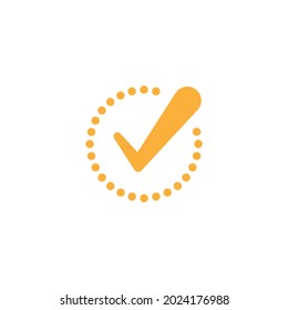 Check Mark. Valid Seal icon. Yellow rounded tick in circle made of dots. Flat OK sticker icon. Isolated on white. Accept button. Good for web and software interfaces. Vector illustration.