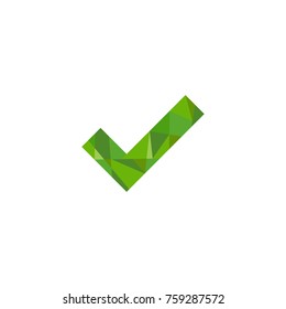 Check Mark. Valid Seal icon faceted style. Green square tick. Flat OK sticker icon. Isolated on white. Accept button. Good for web and software interfaces. Vector illustration.