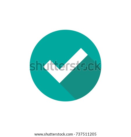 Check Mark. Valid Seal icon. white squared tick with shadow in blue circle. Flat OK sticker icon. Isolated on white. Accept button. Good for web and software interfaces. Vector illustration.