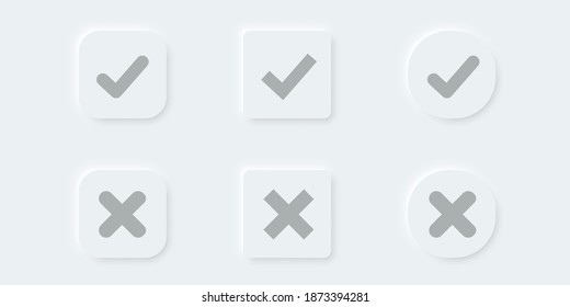 Check mark vector button in modern neumorphic design. Checkmark icon 3d three-dimensional. yes no buttons. vote and choise illustration. isolated button set white background