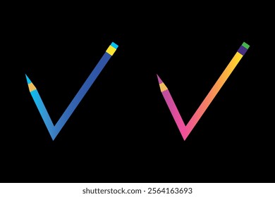 Check mark. Vector checkmarks in the form of pencils. Colored pencils with rainbow gradient.