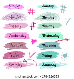 check mark vector, days of the week sticker vector. Set of two fonts and two color tones, hand drawn arrows, hashtag. Mint, aqua menthe, pink, magenta, pastel. splash vector