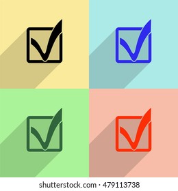 Check mark vector icon - colored set with  long shadow