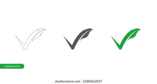 Check Mark Vector Icon with Feather and Leaf Concepts in Various Styles: Editable Stroke Outline, Silhouette, and Color. Isolated on White Background