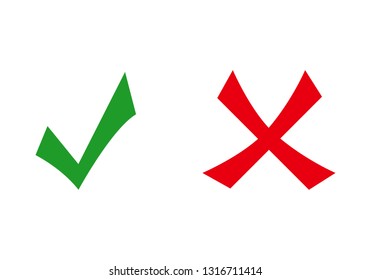 Check mark vector icon. Green tick and red cross icons isolated on white background. Flat check mark sign and red cross for web site, app, label, logo and X sign. Vector illustration