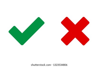 Check mark vector icon. Green tick and red cross icons isolated on white background. Flat check mark sign and red cross for web site, app, label, logo and X sign. Vector illustration