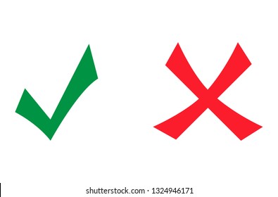 Check mark vector icon. Green tick and red cross icons isolated on white background. Flat check mark sign and red cross for web site, app, label, logo and X sign. Vector illustration
