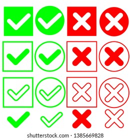 Check mark vector icon, green check mark and red cross illustration