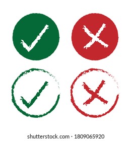 Check mark vector icon set. Paintbrush drawing and ink style texture. Right and wrong checkmark symbol. Approved and denied checkmark sign. Correct and incorrect button. Isolated on white background.