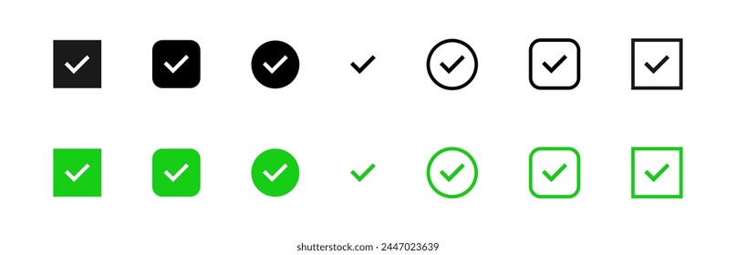Check mark vector icon set. Checkbox green tick. Ok signs. Correct symbols. Checkmark web illustration. Approve, select or accept black buttons isolated.