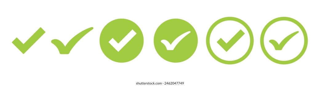 Check mark vector icon set. correct or right tick mark sign. green checkmark for checklist. accept and ok checkbox button pictogram.