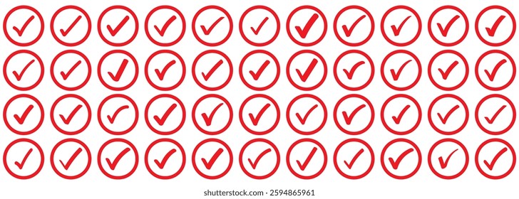 Check mark vector icon set. correct or right tick mark sign. Red checkmark for checklist. accept and ok checkbox button pictogram. Check mark set icon. Simple web buttons. Checkmarks and confirm. 