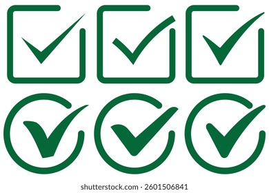 Check mark vector icon set. correct or right tick mark sign. green checkmark for checklist. accept and ok checkbox button pictogram.