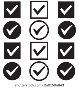 Check mark vector icon set. correct or right tick mark sign. green checkmark for checklist. accept and ok checkbox button pictogram.