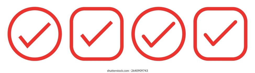 Check mark vector icon set. correct or right tick mark sign. Red checkmark for checklist. accept and ok checkbox button pictogram. Check mark set icon. Simple web buttons. Checkmarks and confirm.