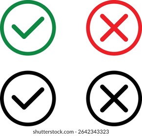 Check mark vector icon set. Check box icon with right and wrong buttons and yes or no checkmark icons in green tick box and red cross. Perfect for apps, website, agreement, vote, confirmation, choise.