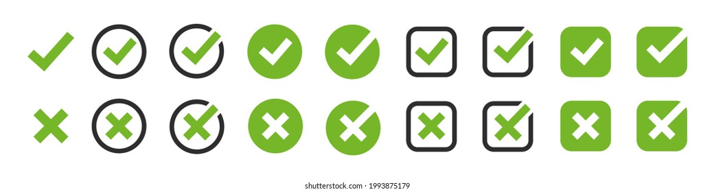Check mark vector icon. Tick and x cross green box set. Approval sign. Ok Yes choose buttons illustration on white background. Checklist symbols isolated.