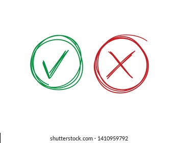 Check mark vector icons. Green tick and Red X cross. Hand drawn checkmark doodles. 