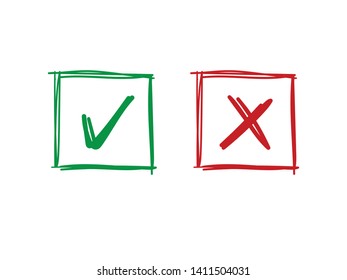 Check mark vector icons. Green tick and Red X cross. Hand drawn checkmark doodles. 