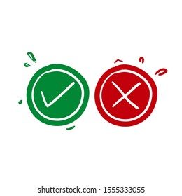 Check mark vector icons. Green tick and Red X cross. Hand drawn doodle style vector isolated on white.