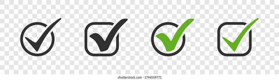 Check mark. Check mark vector icons. Green and black check marks in circle and square. Eps10