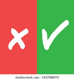 Markieren Sie Vektorsymbole. Green Tick und Red x Markierungen. Akzeptierte und abgelehnte Symbole. Handgefertigter Grunge-Stil. 