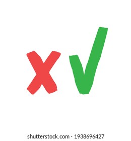 Check Mark Vector Icons. Green Tick And Red X Check Marks. Accepted And Rejected Symbols. Handmade Grunge Style. 