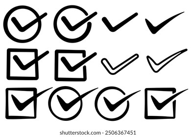 Check mark vector set. Check marks isolated on a white background. Circle and square frames.  