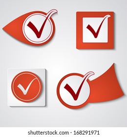 Check mark vector stickers, tick for marks the paper stickers, red and white, cast shadow