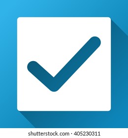 Check Mark vector toolbar icon for software design. Style is a white symbol on a square blue background with gradient long shadow.