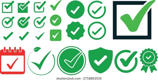 Marca de seleção e conjunto de ícones de marca de verificação, vetor de confirmação de êxito da aprovação