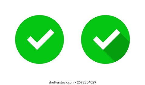 Check mark, verify icon with long shadow. Checkmark, tick, approved sign symbol on green circle