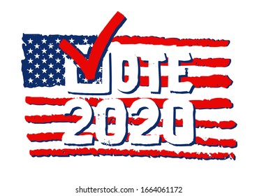 Marca Vote 2020.Elecciones presidenciales estadounidenses 2020.Carteles en el contorno vectorial aislados.Palabra de voto con símbolo de marca de verificación.Logo de campaña electoral política.Banner presidencial.Bandera estadounidense