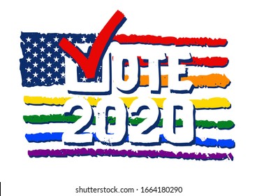 Check mark Vote 2020. Pride flag. American flag In the colors of LGBT. US American presidential election 2020. Vector outline lettering isolated. Political election campaign logo.