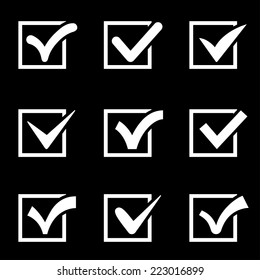 Check mark white icons isolated on black background. Vector collection