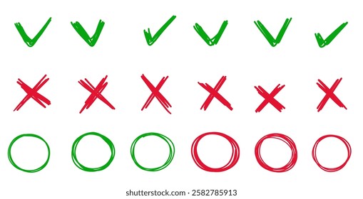 Check mark wrong approved symbols set. doodle sketchy style collection for business, simple naive style