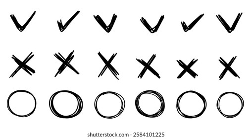 Check mark wrong approved symbols set. doodle sketchy style collection for business, simple naive style