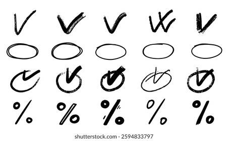 Check mark wrong approved symbols set. doodle sketchy style collection for business, simple naive style. 