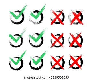 Check mark and wrong mark in brush stroke style icon set. Symbol for approval, acc, ok, rejection, refusal, and acceptance.